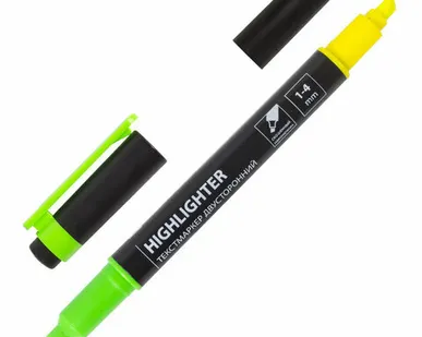 фото Текстовыделитель двусторонний BRAUBERG, ЖЕЛТЫЙ/ЗЕЛЕНЫЙ, линия 1-4 мм, 150841