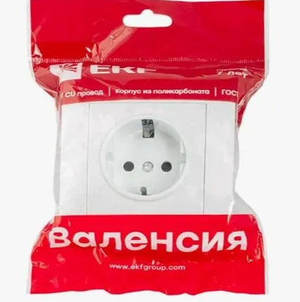 Фото №0 Валенсия розетка 1-местная с/з 16А белая с крышкой и защ. штор. IP44 EKF PROxima
