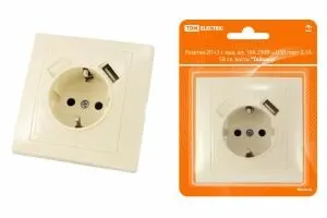 Фото №0 Розетка 2П+З с защ. шт. 16А 250В + USB порт 2,1А 5В сл. кость "Таймыр" TDM