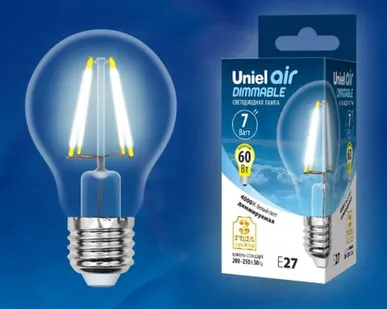 фото Лампа LED-A60-7W/NW/E27/CL/DIM GLA01TR Лампа светодиодная диммируемая. Форма "A", прозрачная. Серия Air. Белый свет (4000K). Картон. ТМ Uniel