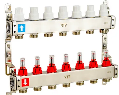фото Коллекторная группа с расходомером и кронштейном (евроконус 3/4") нержавеющая сталь SUS 304 1"х 7 выходов, RTP