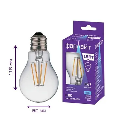 Фото №0 Лампа LED филамент. A60 15Вт, Е27, 4000К, 1500Лм /ФАРЛАЙТ