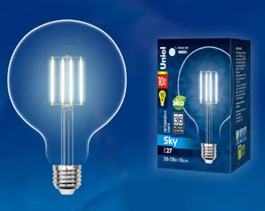 фото Лампа-глоба LED-G125-10W/WW/E27/CL PLS02WH Лампа светодиодная. Форма "шар", прозрачная колба. Цвет свечения теплый белый. Серия Sky. Упаковка картон. ТМ Uniel