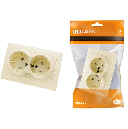 Фото №0 Розетка двойная с заземлением с защитными шторками 16А слоновая кость "Таймыр"