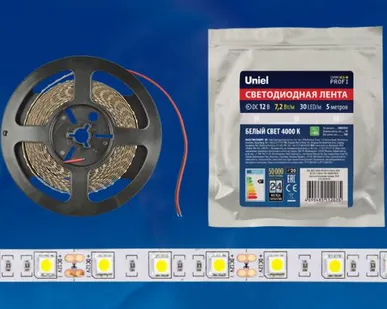 фото Светодиодная лента ULS-M22-5050-30LED/m-10mm-IP20-DC12V-7,2W/m-5M-4000K PROFI Гибкая светодиодная лента на самоклеящейся основе. Катушка 5м. в герметичной упаковке. Белый свет(4000К). ТМ Uniel.