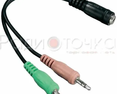 фото Переходник гнездо 3,5 (4pin) на 2 х 3,5 джек штекер (наушники+микрофон)
