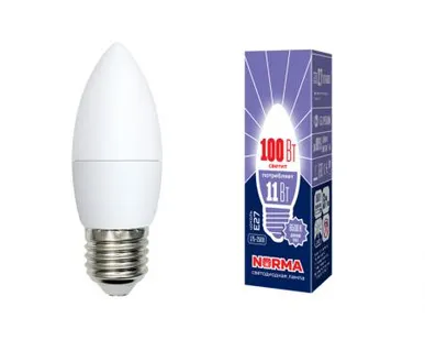 фото Лампа LED-C37-11W/DW/E27/FR/NR Лампа светодиодная. Форма "свеча", матовая. Серия Norma. Дневной белый свет (6500K). Картон. ТМ Volpe