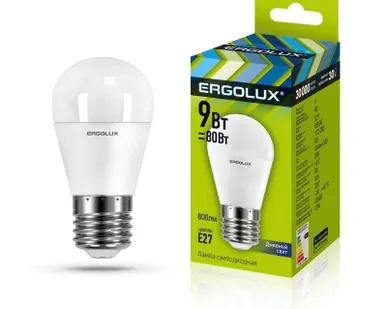фото Лампа светодиодная LED-G45-9W-E27-6К Шар 9Вт E27 6500К 172-265В Ergolux 13178