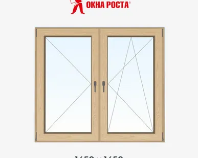 фото Двухстворчатое деревянное окно из сосны, 1450х1450 мм, поворотное/поворотно откидное