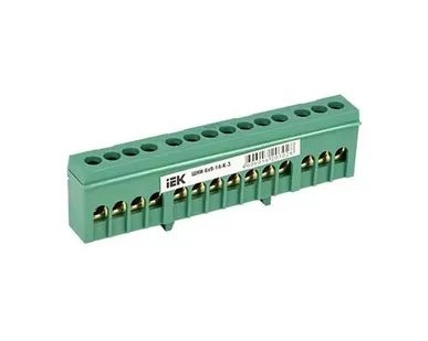 фото Шина в корпусном изоляторе на DIN рейку 14 мест зеленая IEK