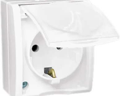 фото Розетка 1-м ОП Simon15 с защ. крышкой защ. шторки с заземл. IP54 бел. Simon 1594432-030
