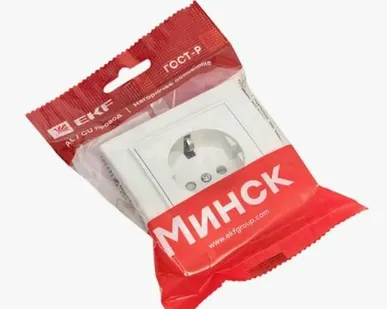 фото Минск Розетка 1-местная СП с заземлением 16А белая с защ штор, EKF Basic