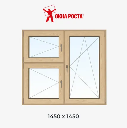 Фото №0 Двухстворчатое деревянное окно из лиственницы, 1450х1450 мм, поворотное/поворотно откидное с форточкой