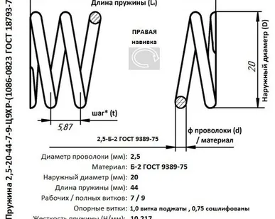 фото Пружина 2,5-20-44-7-9-Ц9ХР-(1086-0823 ГОСТ 18793-80)