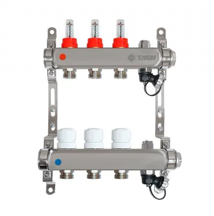 Фото №0 Коллекторная группа TAEN из нержавеющей стали 1" на 3 контура с расходомерами и ручным воздухоотводчиком