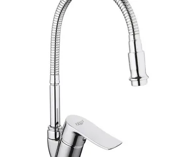 фото Смеситель для кухни, гибкий излив, хром, силумин, крепление гайка, FRUD