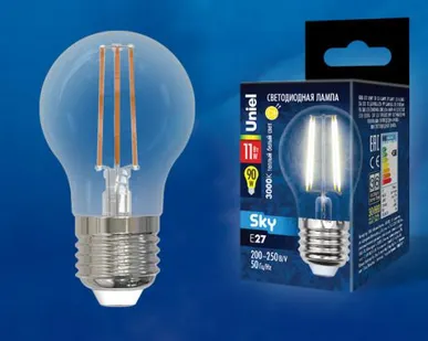 фото Лампа LED-G45-11W/3000K/E27/CL PLS02WH Лампа светодиодная. Форма "шар", прозрачная. Серия Sky. Теплый белый свет (3000К). Картон. ТМ Uniel.