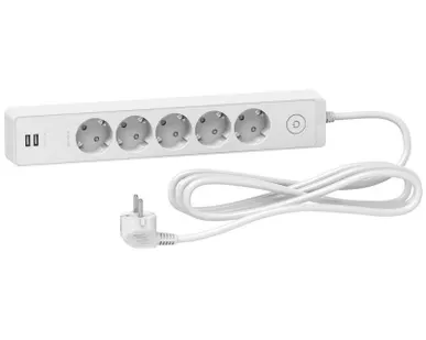 фото Удлинитель UNICA EXTEND 5 розеток 2К+З кабель 3м 2 USB бел. SchE ST945U3W