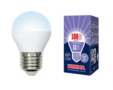 фото Лампа LED-G45-11W/DW/E27/FR/NR Лампа светодиодная. Форма "шар", матовая. Серия Norma. Дневной белый свет (6500K). Картон. ТМ Volpe