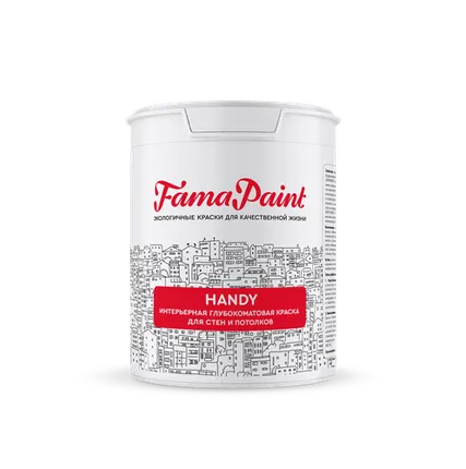 Фото №0 Краска интерьерная для стен и потолков FAMA PAINT HANDY, белая база, 0,9 л FP-DM-700W-11M
