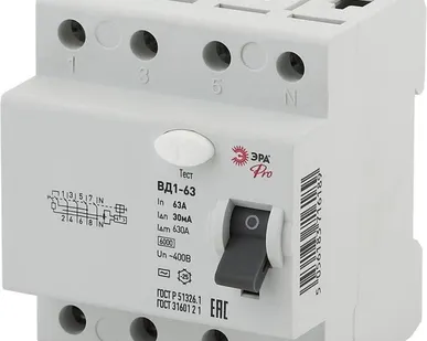 фото Выключатель дифференциального тока (УЗО) 3P+N 63А 30мА ВД1-63 Pro NO-902-37 ЭРА Б0031882