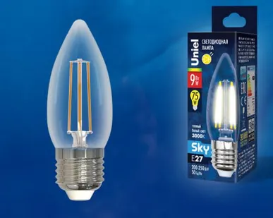 фото Лампа LED-C35-9W/3000K/E27/CL PLS02WH Лампа светодиодная. Форма "свеча", прозрачная. Серия Sky. Теплый белый свет (3000К). Картон. ТМ Uniel.