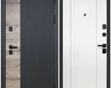 фото Дверь входная Вертикаль НЕО (Luxor) МДФ/МДФ, Канадский дуб пацифик, сатин черный/Эмалит белый 2050х960мм, ПРАВАЯ