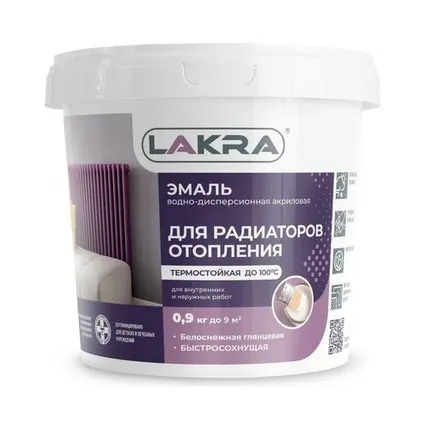 Фото №0 Эмаль Лакра акриловая, для радиаторов, белая, глянцевая, 0,9 кг
