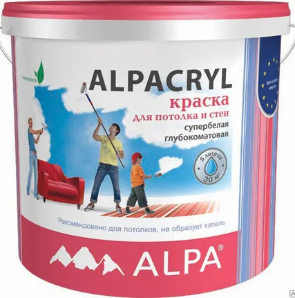Фото №0 ALPACRYL Краска для потолков Акриловая супербелая матовая 2л