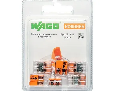 фото Клемма 2х(0,14-4кв.мм) компактная WAGO 221-412, 6шт.
