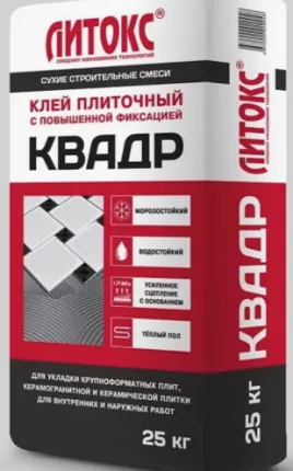 Фото №0 ЛИТОКС Клей плиточный с повыш. фиксацией Квадр класс С1Т 25кг (56шт/пал)