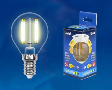фото Лампа LED-G45-5W/WW/E14/CL/MB GLM10TR Лампа светодиодная. Форма «шар», прозрачная. Серия MULTIbright. Теплый белый свет (3000K). 100-50-10. Картон. ТМ Uniel.