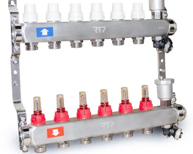 фото Коллекторная группа с регулирующими клапанами, расходомерами, воздухоотводчиками, обратными и дренажными клапанами, кронштейном (евроконус 3/4") нержавеющая сталь SUS 304 1"х 6 выходов, RTP