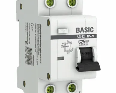 фото Выключатель автоматический дифференциальный 1P+N 25А 30мА электронный тип АС C 4.5кА АД-12 Basic EKF