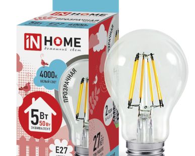 фото Лампа светодиодная LED-A60-deco 5Вт 230В Е27 4000К 450Лм прозрачная IN HOME