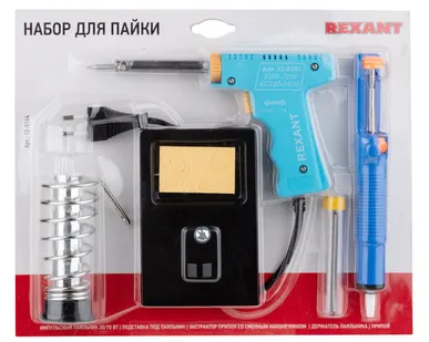 фото Набор для пайки №5 (паяльник импульсный 30/70Вт, оловоотсос, подставка, припой) REXANT