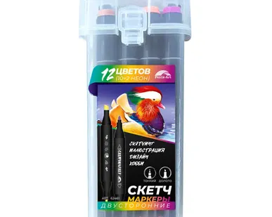 фото Маркеры д/скетчинга 2-стор. 12 цв. (Феникс) УТОЧКА-МАНДАРИНКА, 2 неон. цвета 62461