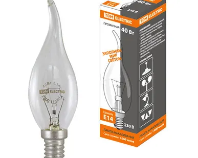 фото Лампа накаливания TDM 40 Вт-230 В-Е14 (SQ0332-0015) свеча на ветру прозрачная