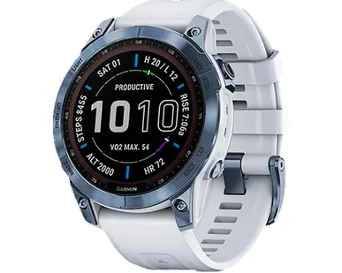 фото Часы Garmin Fenix 7 Sapphire Solar титановый синий минерал DLC с белым ремешком