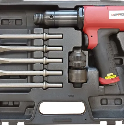 Фото №0 BM-128RK Сверхмощное пневмозубило с виброзащитой с набором насадок в кейсе, круглый хвостовик, 2 700 уд/мин, 2.5 кг