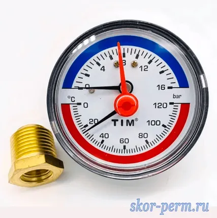 Фото №2 Термоманометр 63 мм, 120°C, 1,6 МПа, G1/2&quot;, осевой, TIM