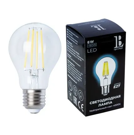 Фото №0 Светодиодная лампа L&B A60 8W 600Lm 4000K E27 E27-8W-A60-NH-filament