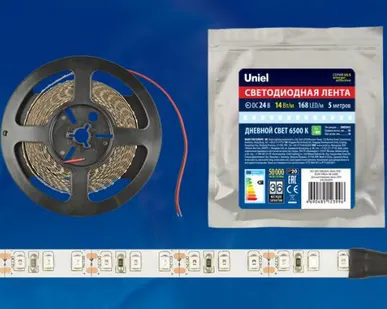 фото Светодиодная лента ULS-2835-168LED/m-10mm-IP20-DC24V-14W/m-5M-6500K Гибкая светодиодная лента на самоклеящейся основе. Катушка 5 м. в герметичной упаковке. Белый свет (6500K). ТМ Uniel.