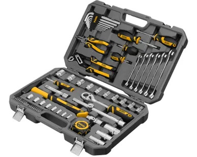 фото Набор инструментов Denzel 15801, 1/2", 1/4", CrV, S2, пластиковый кейс, 64 предмета