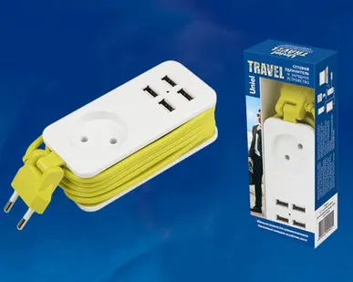 фото Удлинитель S-CT1-1,5U WHITE/GREEN LM Удлинитель серии Travel, шнур 1,5м., 1 гнездо, б/з, 2USB*1,1A. Белый с салатовым. ТМ Uniel.