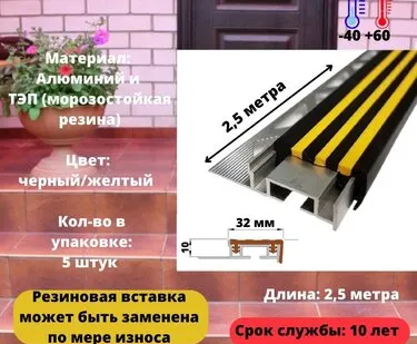 фото Противоскользящий закладной алюминиевый профиль для ступеней ALPBM 32 мм c резиновой вставкой, длина 2.5 метра, цвет резины черный/желтый, 5 штук