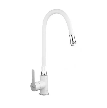 Фото №0 Смеситель для кухни 35мм, гибкий излив, хром, латунь, белый, крепление гайка, FRAP