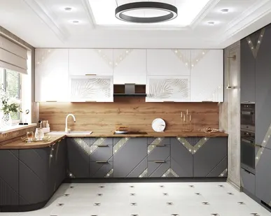 фото Кухонный гарнитур П-образный с витриной Монако 106 203