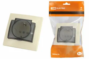 Фото №0 Розетка с заземлением с защитными шторками и крышкой 16А слоновая кость "Таймыр"