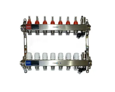 фото Коллекторная группа Zegor из нержавеющей стали 1" на 12 контуров с расходомерами и автоматическим воздухоотводчиком
